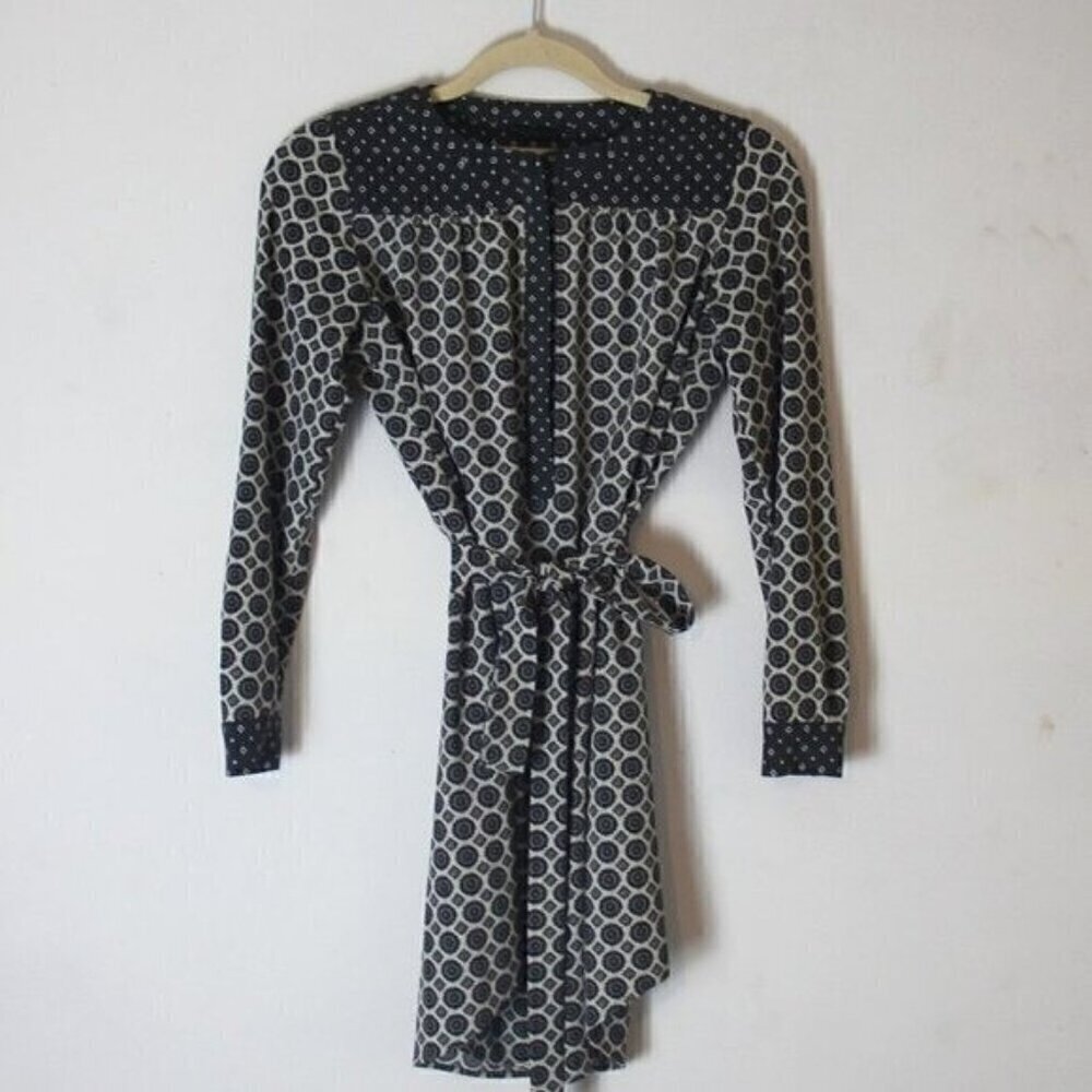 Ann Taylor LOFT Shirt Dress Petite size XS Black & White Geo Tie Long Sleeve NEW